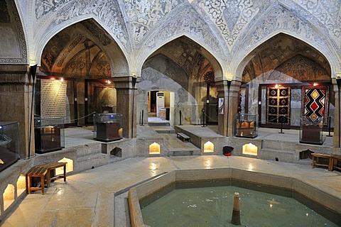 Iranian carpet display at the historic Hamman-e Vakil bath, Shiraz, Fars, Persia, Asia