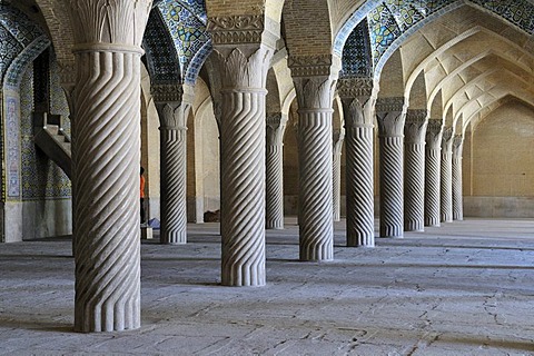 Shabestan pillars in the prayer hall of Vakil Mosque, Shiraz, Fars, Persia, Iran, Asia