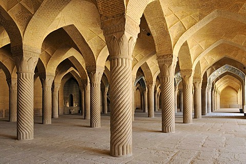 Shabestan Pillars in the prayer hall of Vakil Mosque, Shiraz, Fars, Persia, Iran, Asia