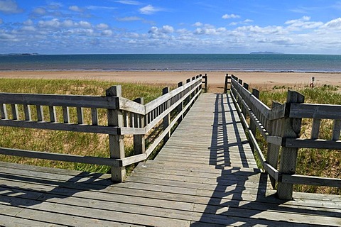 Wooden boardwalk for beach access, Ile du Havre Aubert, Iles de la Madeleine, Magdalen Islands, Quebec Maritime, Canada, North America