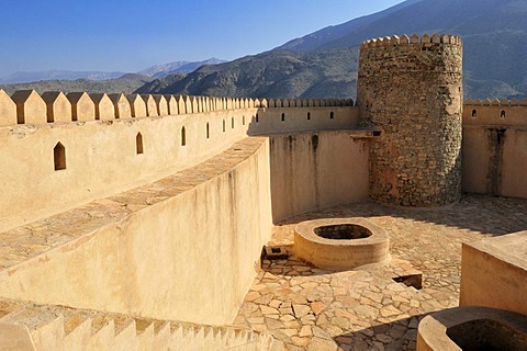 Historic adobe fortification Rustaq Fort or Castle, Hajar al Gharbi Mountains, Batinah Region, Sultanate of Oman, Arabia, Middle East