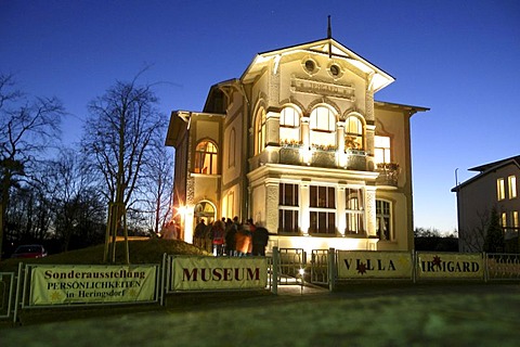 Villa Irmgard at dusk, Maxim Gorky Museum, seaside-resort architecture, Heringsdorf, Usedom island, Mecklenburg-Western Pomerania, Germany, Europe