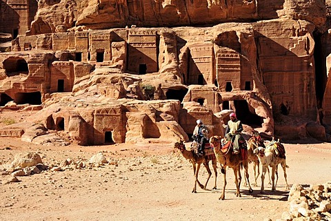 Bedouins on camels in the Nabataean city Petra, Unesco World Heritage Site, near Wadi Musa, Jordan, Middle East, Orient