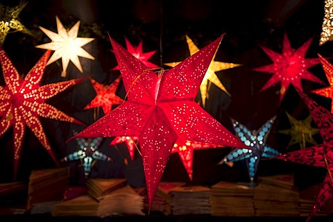 Illuminated stars, Christmas Market, Nuremberg, Franconia, Bavaria, Germany, Europe