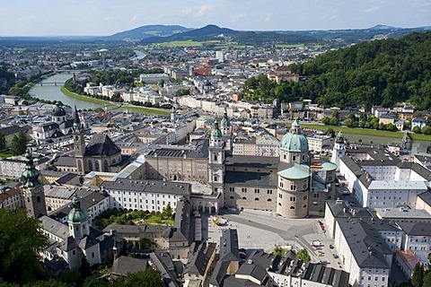 View from the fortress on the historic city with the cathedral of Salzburg, Austria, Europe