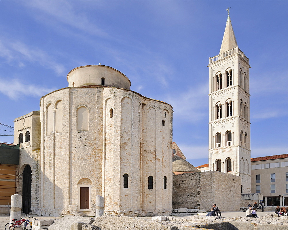 Roman Forum with the Church of St. Donatus and the campanile of the Cathedral of St. Anastasia in Zadar, Croatia, Europe