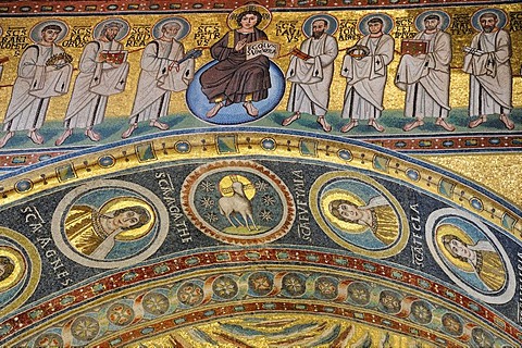 Triumphal arch decorated with mosaics from the 6th Century, depicting Christ as a Judge of the world and the apostles, Euphrasian Basilica in Porec, Croatia, Europe