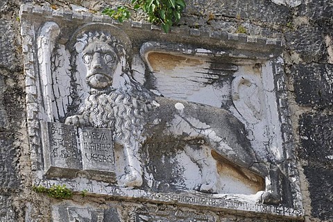 Venetian lion on the tower of the Peterokutna kula, citygate of Porec, Croatia, Europe