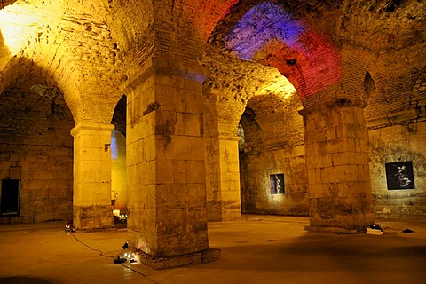 Light installation in the Roman vaults in the cryptoporticus under the Diocletian Palace in Split, Croatia, Europe