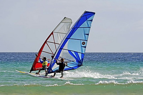 Windsurfers on the Playa de Sotavento de Jandia beach, Fuerteventura, Canary Islands, Spain, Europe