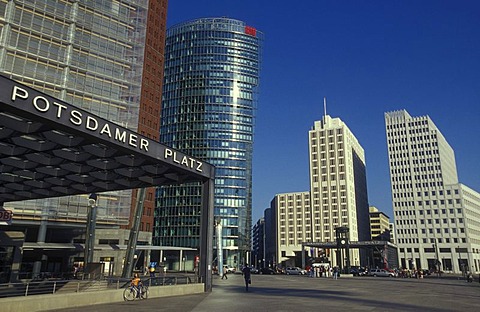 High-rise buildings at Potsdamer Platz, with metro station Potsdamer Platz, the Chrysler Building, the Sony Center, DB Tower and Beisheim Center with Ritz Carlton Hotel, Berlin Tiergarten, Berlin, Germany, Europe