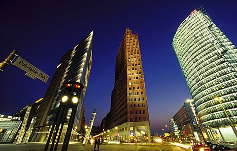 Skyscrapers on Potsdamer Platz square, Chrysler Building, Sony Center, DB Tower and Beisheim Center with Ritz Carlton Hotel, Tiergarten district, Berlin, Germany, Europe