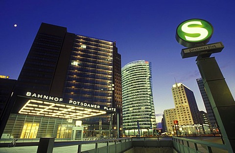 Tram and subway station Potsdamer Platz with skyscrapers at night, Chrysler Building, Sony Center, DB Tower and Beisheim Center with Ritz Carlton Hotel, Tiergarten district, Berlin, Germany, Europe