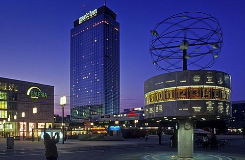 Alexander Platz square at dusk, world clock, Park Inn Hotel, Galeria Kaufhof, Berlin Mitte district, Germany, Europe