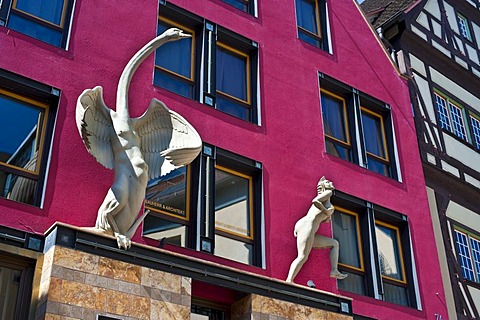 Sculpture of Leda and the Swan at the Cafe Leda coffee house, Horb am Neckar, Black Forest, Baden-Wuerttemberg, Germany, Europe