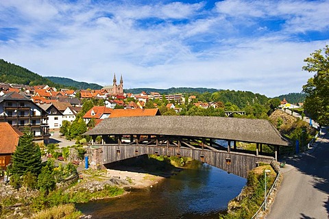 Historic wooden bridge over the Murg river, Forbach, Black Forest, Baden-Wuerttemberg, Germany, Europe