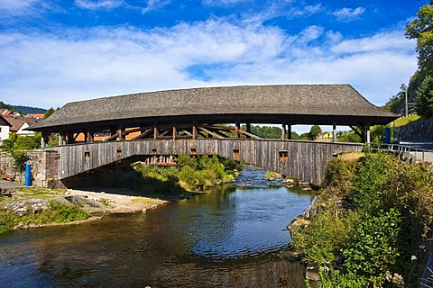 Historic wooden bridge over the Murg river, Forbach, Black Forest, Baden-Wuerttemberg, Germany, Europe