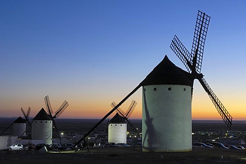 Windmills at sunset, Campo de Criptana, Ciudad Real province, Ruta de Don Quijote, Castilla-La Mancha, Spain, Europe