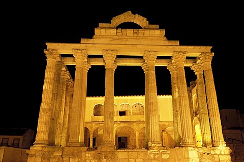 Ruins of Diana's temple at night, in the old Roman city Emerita Augusta, Merida, Badajoz province, Ruta de la Plata, Spain, Europe