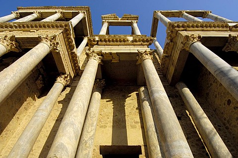 Ruins, theater in the old Roman city Emerita Augusta, Ruta de la Plata, Merida, Badajoz province, Spain, Europe