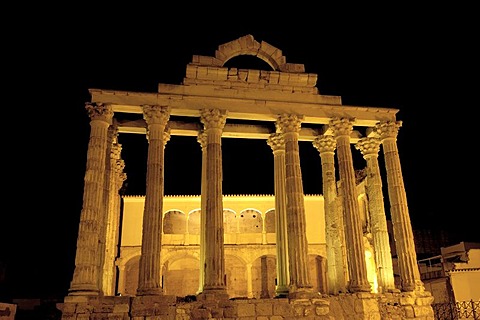 Ruins of Diana's temple at night, in the old Roman city Emerita Augusta, Merida, Badajoz province, Ruta de la Plata, Spain, Europe