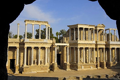 Ruins, theater in the old Roman city Emerita Augusta, Ruta de la Plata, Merida, Badajoz province, Spain, Europe