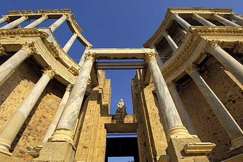 Ruins, theater in the old Roman city Emerita Augusta, Ruta de la Plata, Merida, Badajoz province, Spain, Europe