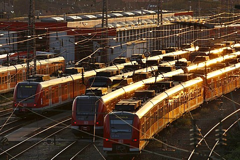 S-Bahn trains, local trains on standby on tracks in front of the station, Essen, North Rhine-Westphalia, Germany, Europe