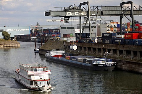 DeCeTe terminal, container loading at the southern dock of the inland port Duisburg-Ruhrort, Duisburg, North Rhine-Westphalia, Germany, Europe