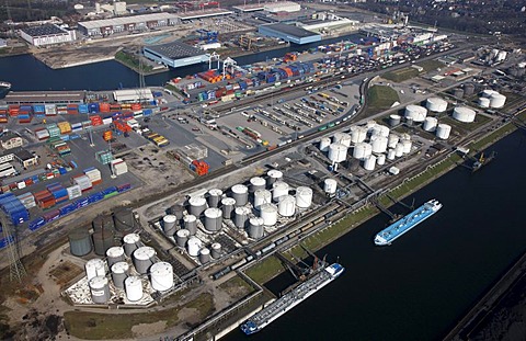 Duisport, port and logistics center, Ruhrort inland port on the Rhine river, largest inland port in the world, DeCeTe container terminal, transshipment of containers to ships, road and rail, tank farm on the Oelinsel island, Duisburg, North Rhine-Westphal