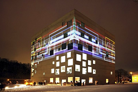 Light art at the SANAA building, Zollverein School, by Eva-Maria Joeressen, at the GlueckAuf2010 cultural festival at the start of the European Capital of Culture year, on the site of the Zeche Zollverein mine and coking plant, Essen, North Rhine-Westphal