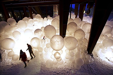 Art installation by the Raumlaborberlin, Soap Opera, many hundreds illuminated balloons at a mine shaft, GlueckAuf2010 cultural festival at the start of the European Capital of Culture year, on the site of the Zeche Zollverein mine and coking plant, Essen