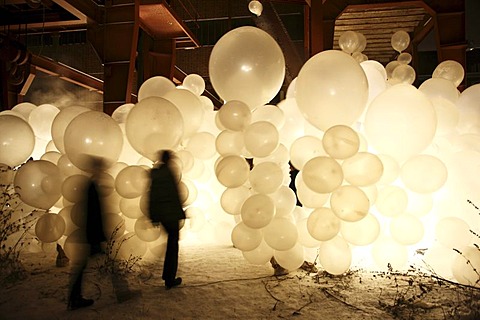 Art installation by the Raumlaborberlin, Soap Opera, many hundreds illuminated balloons at a mine shaft, GlueckAuf2010 cultural festival at the start of the European Capital of Culture year, on the site of the Zeche Zollverein mine and coking plant, Essen