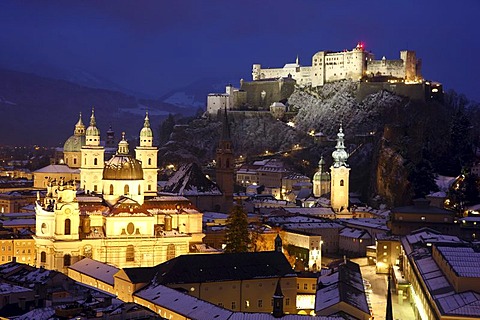 Old town with the Kollegienkirche church, the cathedral and Festung Hohensalzburg fortress, at night, winter, Salzburg, Austria, Europe