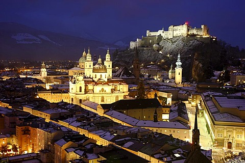 Old town with the Kollegienkirche church, the cathedral and Festung Hohensalzburg fortress, at night, winter, Salzburg, Austria, Europe