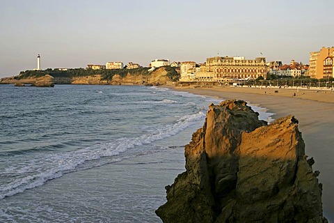 Beach with Hotel du Palais lighthouse, Biarritz, Aquitaine, Atlantic Coast, France, Europe