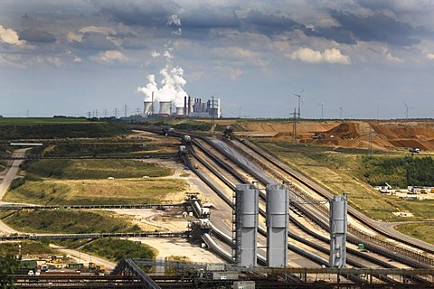 Distant view of the lignite-fired power plant Neurath RWE near Grevenbroich, North Rhine-Westphalia, Germany, Europe