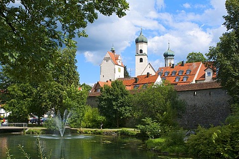 Pond at the city wall of Isny, Allgaeu, Bavaria, Germany, Europe