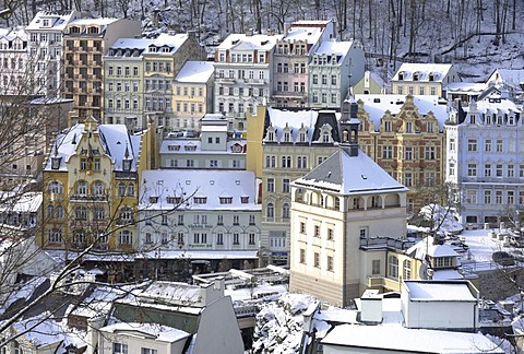 View of the city with castle tower, Karlovy Vary, West Bohemia, Czech Republic, Europe