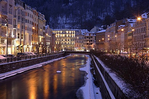 Carlsbad, Karlovy Vary, with Grand Hotel PUPP at night, Czech Republic, Europe