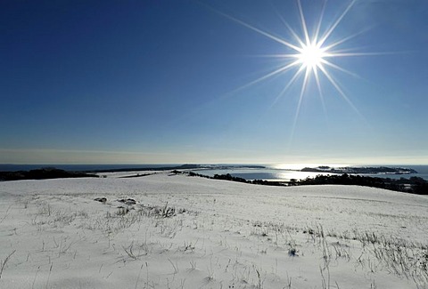 View from the top of the Zickerschen Alpen, 66 m above sea level, on the bodden landscape at Moenchgut with the Gross Zicker town, Biosphaerenreservat Suedost-Ruegen, South-East Ruegen biosphere reserve, Ruegen island, Mecklenburg-Western Pomerania, Germa