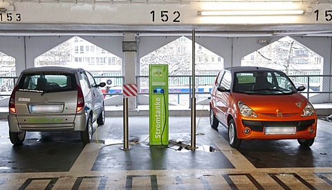 Charging station for the electrical cars of a rental car company in a public garage in Dusseldorf, North Rhine-Westphalia, Germany, Europe