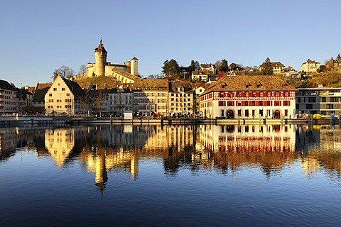 View over the Rhine on the promenade of the historic town of Schaffhausen and the Munot fortress, canton of Schaffhausen, Switzerland, Europe