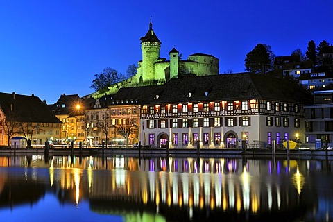 View over the Rhine on the promenade with the restaurant Gueterhof in the historic town of Schaffhausen and the Munot fortress, canton of Schaffhausen, Switzerland, Europe