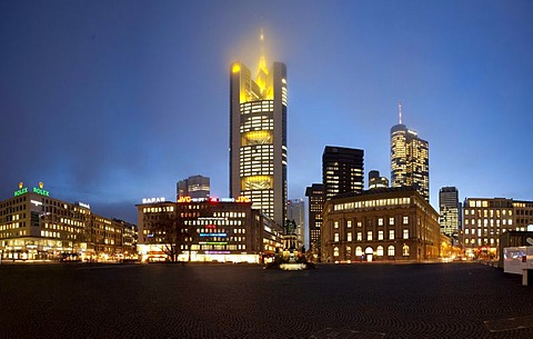 Johannes Gutenberg monument on the Rossmarkt, the headquarters of the Commerzbank behind, with the top of the building in clouds, Frankfurt, Hesse, Germany, Europe