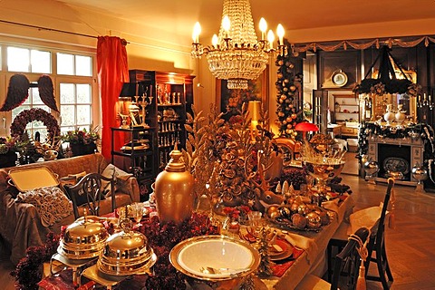 Lush Christmas decoration in a living room decorated for sale, Villa Ambiente, Im Weller, Nuremberg, Middle Franconia, Bavaria, Germany, Europe