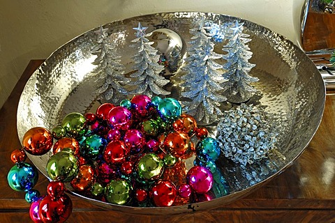 Colorful Christmas balls and small Christmas trees decorated in a silver dish for sale, Villa Ambiente, Im Weller, Nuremberg, Middle Franconia, Bavaria, Germany, Europe