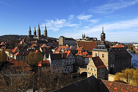 View from the tower of Geyerswoerth Schloss Geyerswoerth castle, Geyerswoerthstrasse 1, on the city with the cathedral left, Neue Residenz palace, in the back the St. Michael church and in the right front the old town hall, Bamberg, Upper Franconia, Bavar