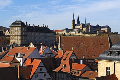 View from the tower of Geyerswoerth Schloss Geyerswoerth castle, Geyerswoerthstrasse 1, on the city, in the back left the Neue Residenz palace, in the upper right the St. Michael church, Bamberg, Upper Franconia, Bavaria, Germany, Europe