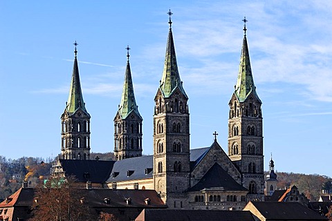 View from the tower of Geyerswoerth Schloss Geyerswoerth castle, Geyerswoerthstrasse 1, on the four spires of the cathedral, Bamberg, Upper Franconia, Bavaria, Germany, Europe